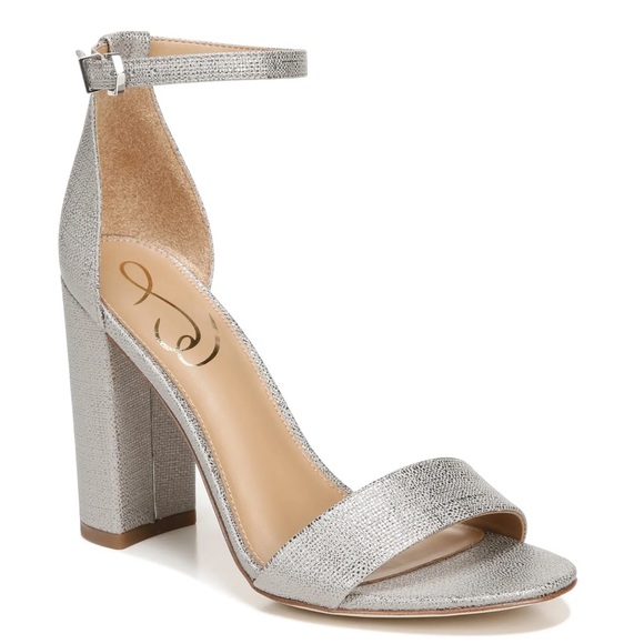 SAM EDELMAN Heels Yaro Ankle Strap Sandal Chunky Heel Metallic Pewter Silver NIB - Picture 3 of 14